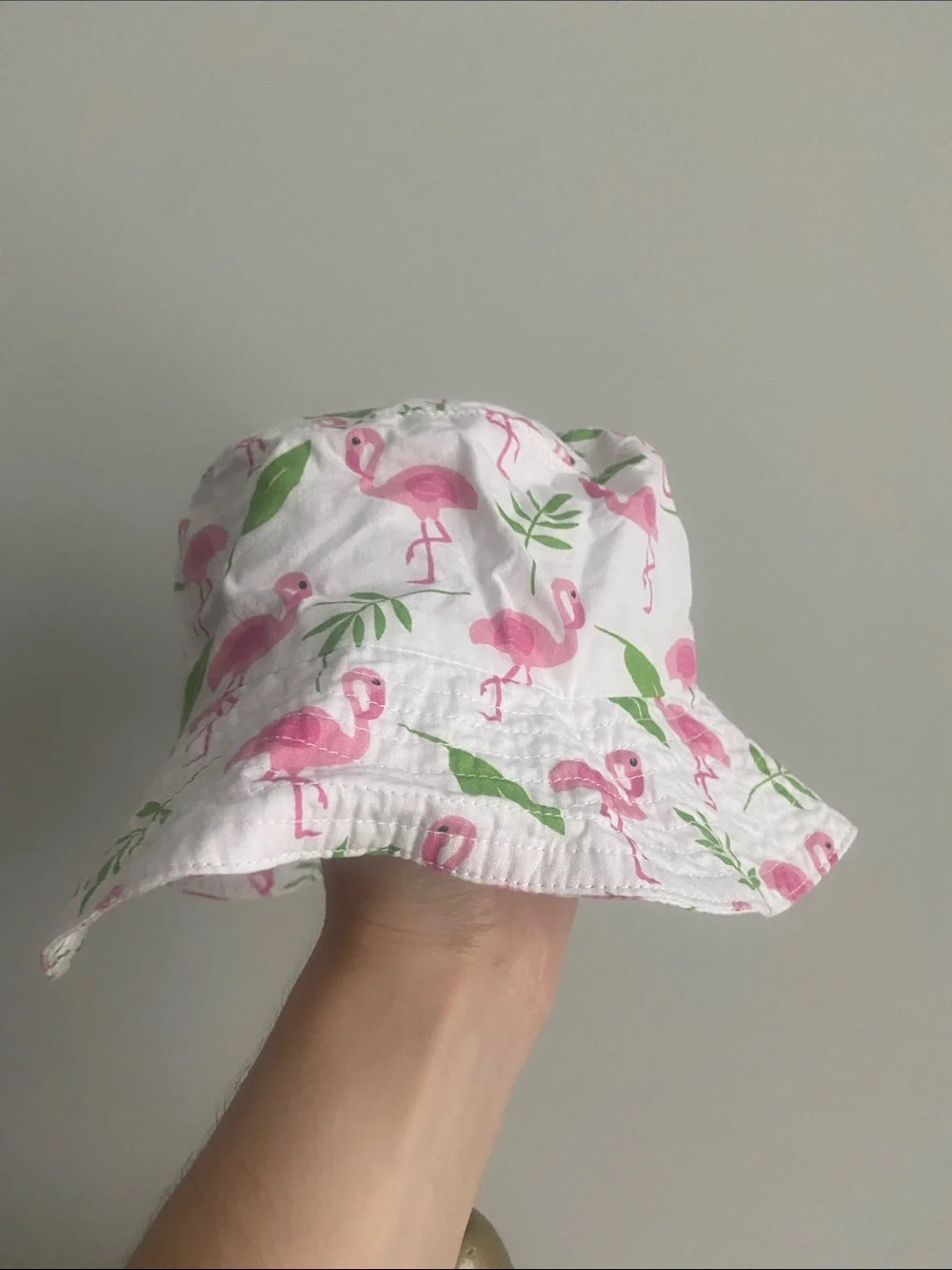 Baby White Bucket Hat with Pink Flamingo Print age 0+ pool sun hat baby girl